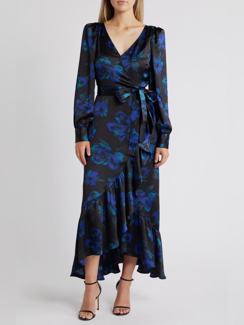 Chelsea28 Floral Satin Faux Wrap Maxi Dress Romantic Wedding Guest Party Blue